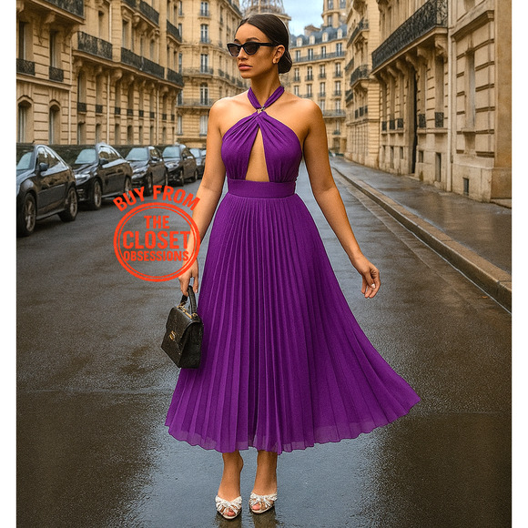 ZARA Purple Halter Pleated Midi Dress NWT Gold Buckle Cutout, Size L, XL - Picture 1 of 16